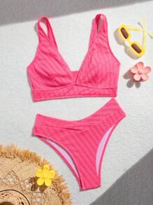 SHEIN Swim Set Bikini Da Donna Tinta Unita Semplice Elegante Da Indossare Ogni Giorno, Spiaggia Estiva