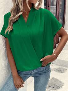 SHEIN Clasi 女士V領簡約純色短袖襯衫 - 綠色 - 查看 3