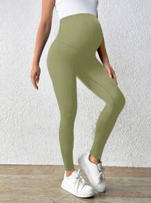 SHEIN Maternity Casual Solid Color High Waisted Leggings - Mint Green - View 1