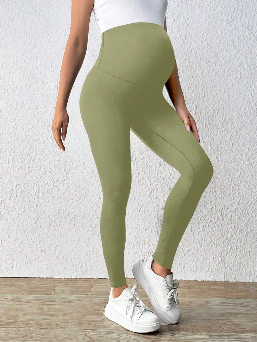 SHEIN Maternity Casual Solid Color High Waisted Leggings - Mint Green - View 1