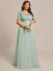 EVER-PRETTY Robe de demoiselle d'honneur à taille haute avec body froncé en maille, grande taille