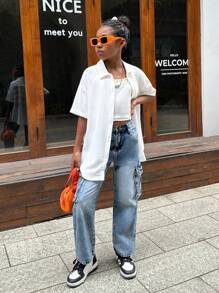 SHEIN Tween女孩運動街頭風寬鬆放鬆版肩墊襯衫,編織面印花 - 白色 - 查看 4