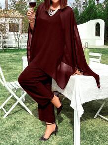 Plus Size Elegant Solid Color Batwing Sleeve Top And Jumpsuit Set For Spring And Summer - Burgundy - View 3