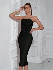 ADYCE Women Strapless Bandage Dress With Split Back And Pleated Bust - Black - View 5