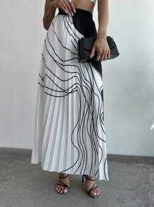 Firerie Abstract Line Contrast Color Pleated Elegant Commuter Skirt