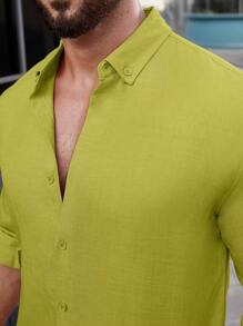 Manfinity Homme 男士單色長袖素襯衫 - 綠色 - 查看 6