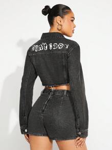 SHEIN Unity Veste en jean graphique lavé à la pierre