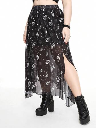 Babi Brunelio Goth Stern, Mond, Sonne & Schlange Muster All-Over-gedruckter Mesh-Rock mit Seitenschlitz in Große Größen