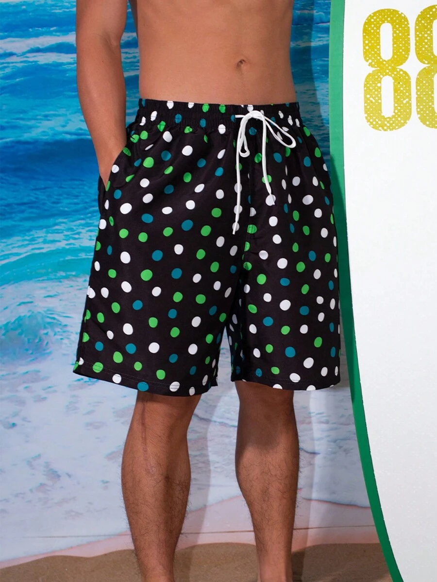 Surfspeed Men Casual Polka Dot Printed Beach Shorts With Drawstring Waist, Perfect For Vacation - Black - View 1