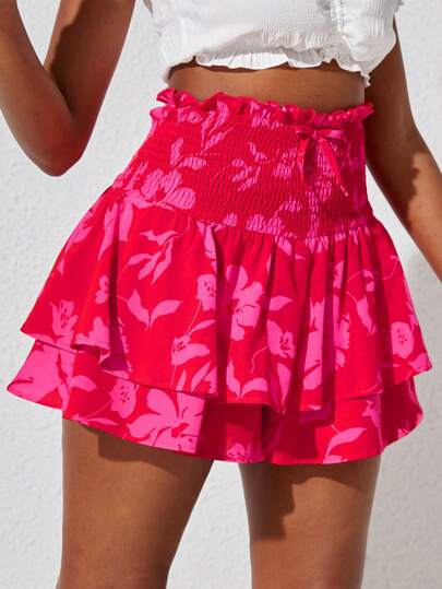 SHEIN Teen Girl Woven Floral Pattern Waist Tie Double-Layer Ruffle Hem Casual Skort With Bow