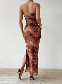 Calvaya Women Sexy Flower Print Pleated Slim Fit Bandeau Dress With Side Slit For Summer Maxi Women Outfit