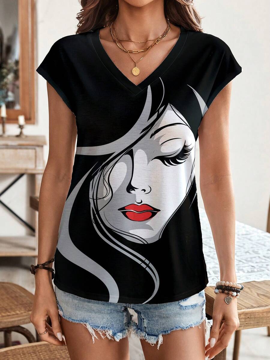 EMERY ROSE 假日休閒女款面部印花短袖T恤 - 白色 - 查看 1