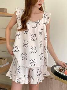 DAZY Cute Cartoon All Over Print Square Neck Camisole Top With Ruffle Trimmed Straps And Shorts Pajama Set