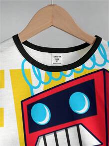 Young Boy Casual Simple Cartoon Pattern Short Sleeve T-Shirt And Shorts 2pcs/Set, Suitable For Summer - Multicolor - View 3