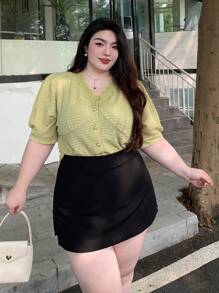 Dazy Plus Loose Lace Splice V-Neck Casual Shirt - Mint Green - View 7