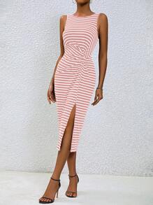 SHEIN LUNE 夏季休閒條紋無袖連衣裙，腰部扭結和側面開衩設計 - 粉色 - 查看 4