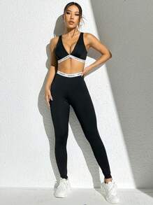 Easithlete 女性運動2件套性感英文字母上衣打卡服，瑜珈健身運動跑步深V運動內衣+高腰緊身褲 - 黑色 - 查看 4