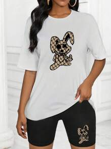 INAWLY Women's Rabbit Print Round Neck T-Shirt And Shorts Set - Black and White - View 3