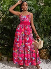 SHEIN Teen Girl Màu Đỏ Nhiệt Đới Thực Vật & Động Vật In Rỗng Dây Thắt Lưng Ngày Lễ Thường Ngày Áo Dài - Đỏ - Xem 3