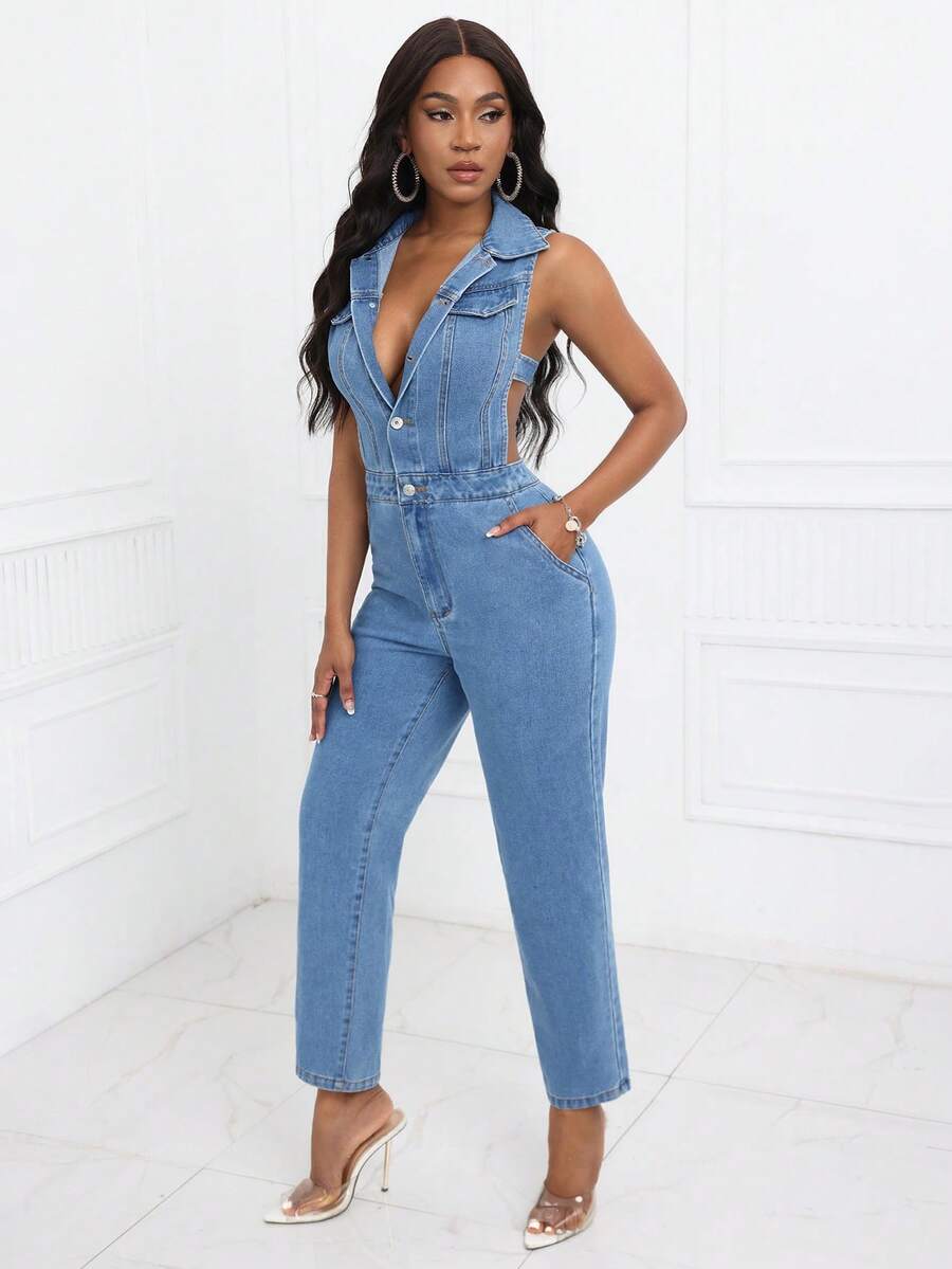 SHEIN SXY Summer Casual Solid Color Sleeveless Denim Jumpsuit With Lapel, Front Button Closure And Pockets - Blue - View 1