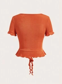 SHEIN ICON Y2k Mùa hè Mùa xuân Trang phục kỳ nghỉ Phụ nữ Mùa hè Màu trơn Ruffle Trim Crop bó tay áo ngắn - trái cam - Xem 2