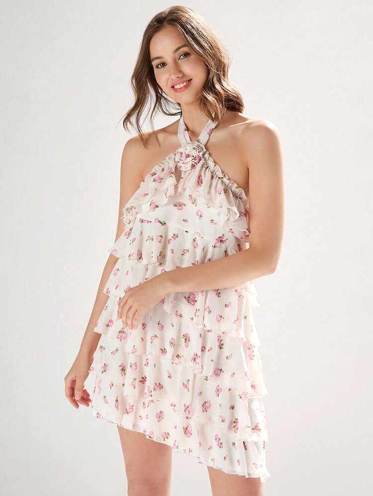Ladies Summer Sweet Ditsy Floral Print Halter Backless Ruffle Trimmed Dress