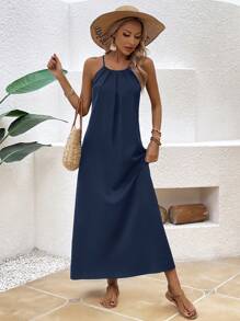 SHEIN LUNE 夏季女士打褶荷葉領A字搖擺裙，休閒度假連衣裙