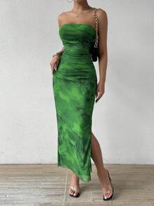 Rafferiza Váy Maxi Nữ Mùa Hè In Họa Tiết Tie-Dye Ôm Vừa Thanh Lịch Không Dây Có Đường Viền Rẽ Hở Bên Hông - màu xanh lá - Xem 5