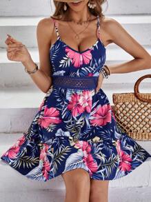 SHEIN VCAY Ladies' Flower Print Vacation Spaghetti Strap Summer Beach Women Short Dress