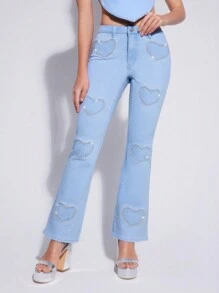 Forever 21 Women's Y2k Heart Shaped Rhinestone Decoration Jeans - Blue - View 1