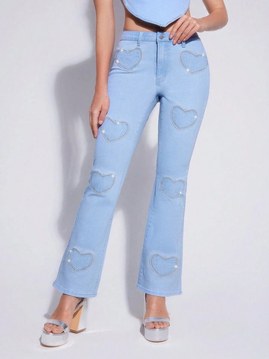 Forever 21 Women's Y2k Heart Shaped Rhinestone Decoration Jeans - Blue - View 1