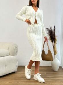 EURMUSE Cable Knit Sweater & Skirt Co-Ord Set - White - View 1