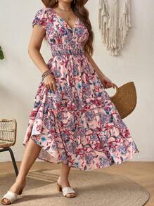 Breezaya Plus Size Women Vacation Floral Print Long Elegant Dress With Bubble Sleeves And Waist Tie Maxi Women Outfit