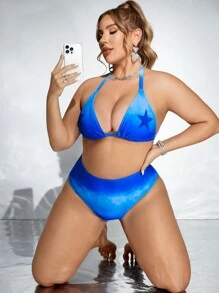 SHEIN Swim Curve 大尺碼海灘風格星星印花露背綁頸上衣和漸層底部夏日比基尼游泳服套裝，適合海灘和泳池穿著。 - 彩色 - 查看 4