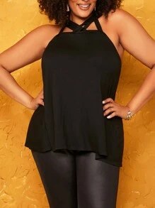 SHEIN Lady Plus Size Simple Solid Color Cross Strap Top - Black - View 3