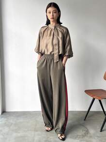 FRIFUL Mujeres Pantalones holgado de bloques de color lateral a la moda para uso casual