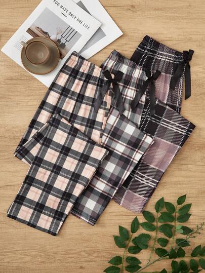 Women's 3pcs Fashionable Plaid Pajama Sleepwear Pants, Fall Clothes