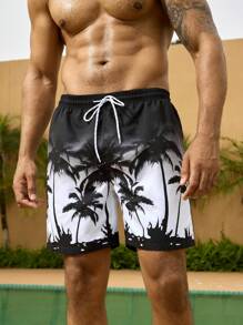Manfinity Shorts de plage imprimés ombrés avec des arbres de noix de coco pour hommes de grande taille, shorts décontractés de vacances