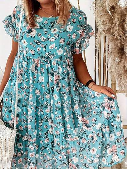 Plus Size Floral Printed Ruffle Hem Commuter Lady Summer Dress