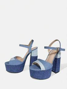 户外女士尖头粗高跟鞋防水厚底时尚蓝色高跟凉鞋，毕业高跟鞋，舞会高跟鞋，适合夏季万圣节秋季 - 霧霾藍 - 查看 2