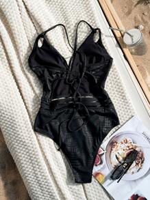 Swim SXY Women's Solid Color Sexy Beachwear One-Piece Swimsuit Summer - Black - View 3