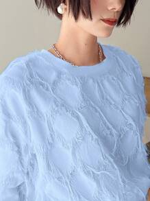 FRIFUL Áo thun nữ cổ tròn tua rua màu trơn đơn giản cho mùa xuân hè - Màu xanh lam - Xem 5