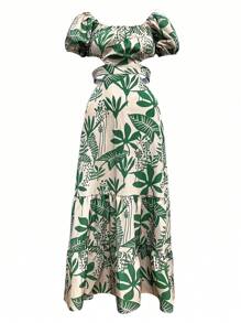 女士度假休闲植物印花露肩镂空腰连衣裙，音乐节波西米亚风格夏季优雅度假服装