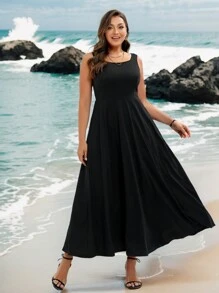 SHEIN Privé Robe parapluie grande taille pour femme à encolure carrée unicolore et taille cintrée - Noir - Voir 1