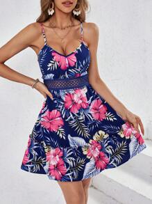 SHEIN VCAY Ladies' Flower Print Vacation Spaghetti Strap Summer Beach Women Short Dress