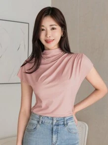 DAZY Women Solid Color Asymmetric Pleated T-Shirt - Pink - View 3
