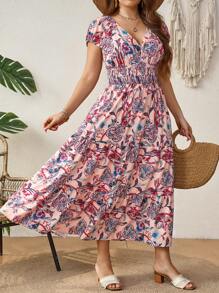 Breezaya Plus Size Women Vacation Floral Print Long Elegant Dress With Bubble Sleeves And Waist Tie Maxi Women Outfit