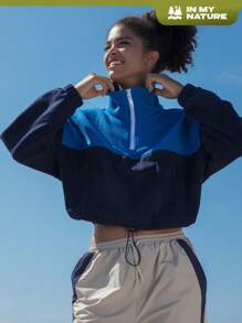 In My Nature Two Tone Half Zip Drawstring Hem Outdoor Fleece Sweatshirt - Navy Blue - View 1