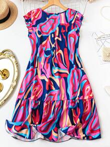 SHEIN Holidaya Plus Size Nữ In đá cẩm thạch cổ chữ V có tay áo Ruffle Hem Váy nghỉ lễ rộng rãi cho mùa hè - Màu xanh hải quân - Xem 2