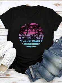 INAWLY 椰子树日落天空印花短袖圆领 T 恤，休闲图案 T 恤女式上衣 - 黑色 - 查看 1
